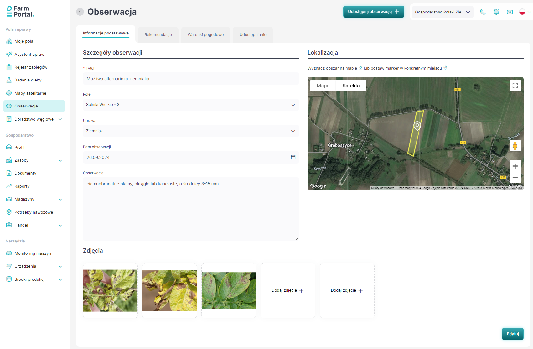 FarmPortal – zrzut ekranu monitoringu zdrowia upraw i modeli chorobowych